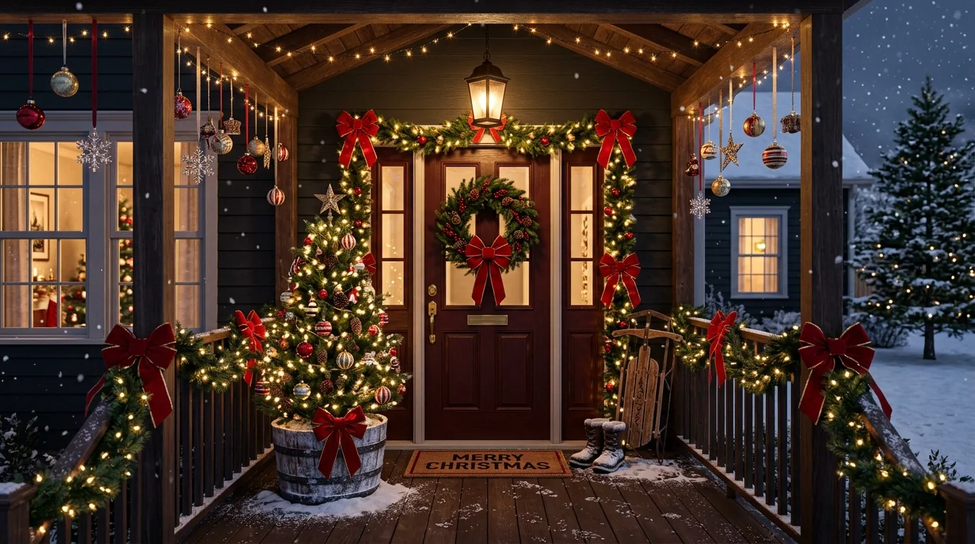 Red Bows and Ornaments by the Door